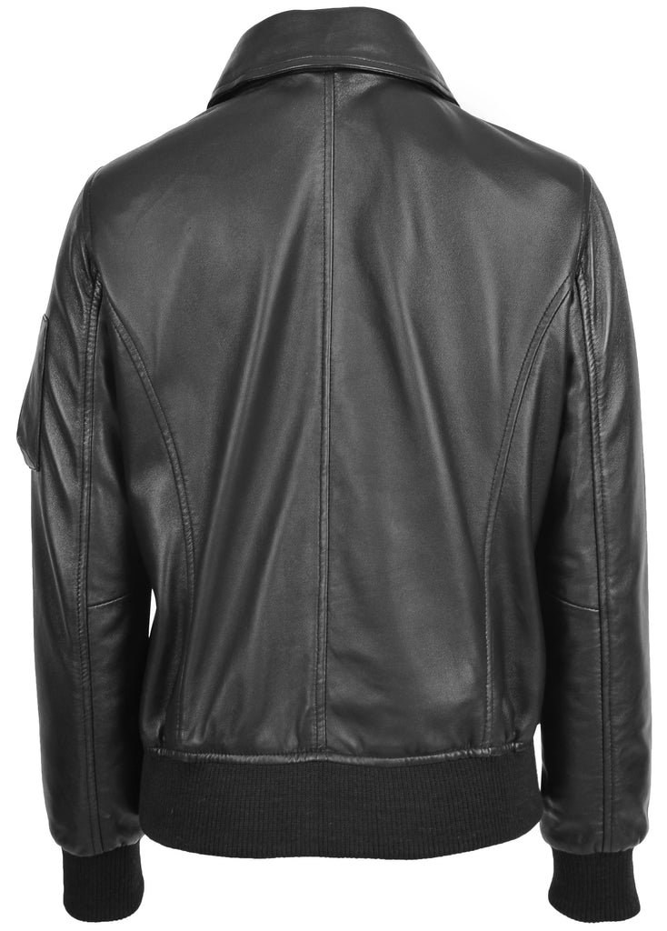 DR241 Women's Leather Bomber Jacket Removable Collar Black 6