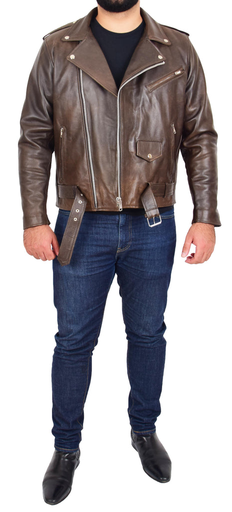DR159 Men's New Mild Leather Biker Jacket Brown 5