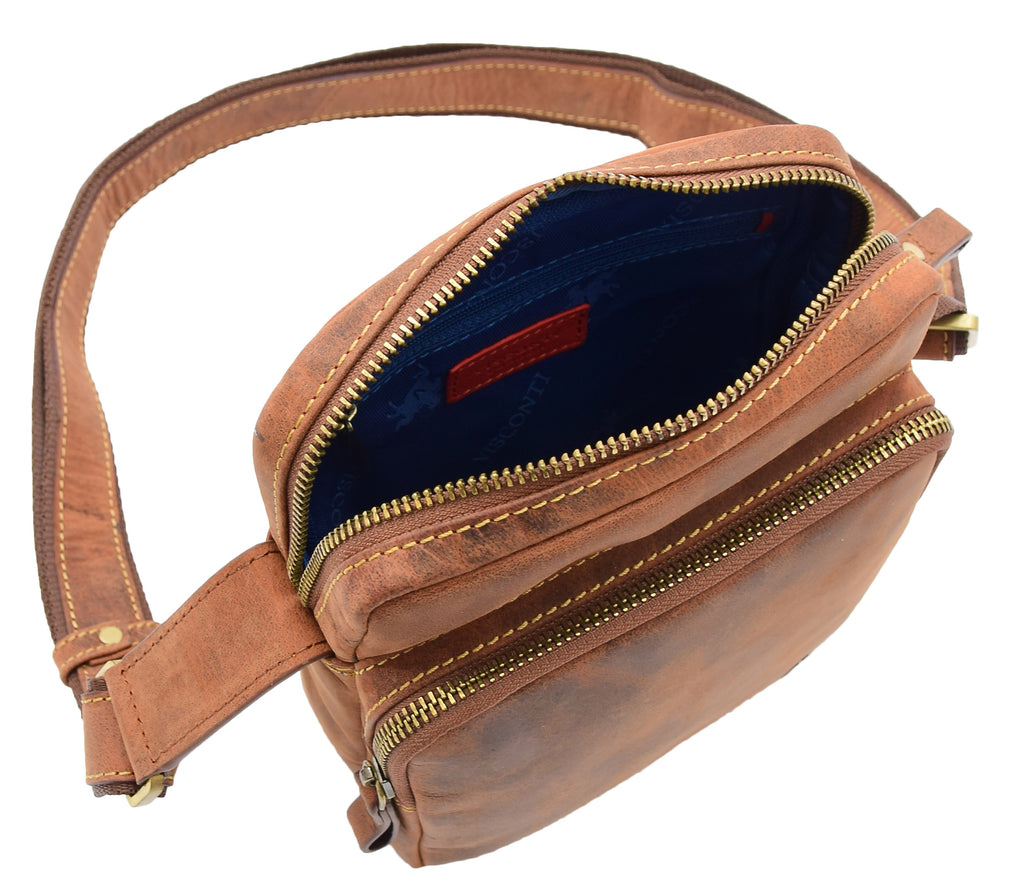 DR387 Men's Smart Crossbody Bag Genuine Leather Multi Pockets Tan 10