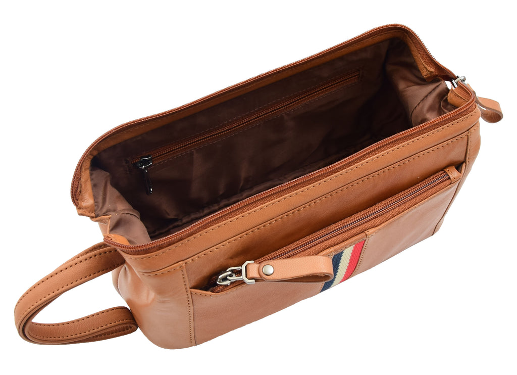 DR341 Real Leather Toiletry Wash Bag Wrist Pouch Cognac 6