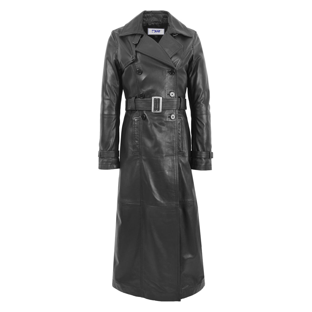 DR242 Women's Leather Full Length Trench Coat Black 1