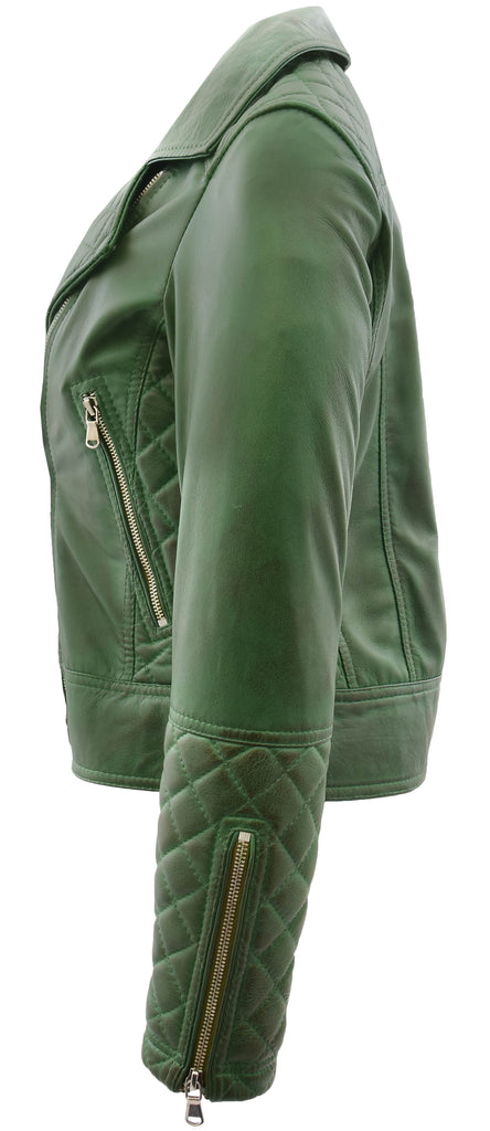 DR238 Women's Leather Biker Jacket with Quilt Detail Green 6