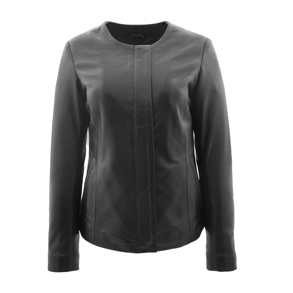 DR244 Women's Real Leather Collarless Jacket Black 1