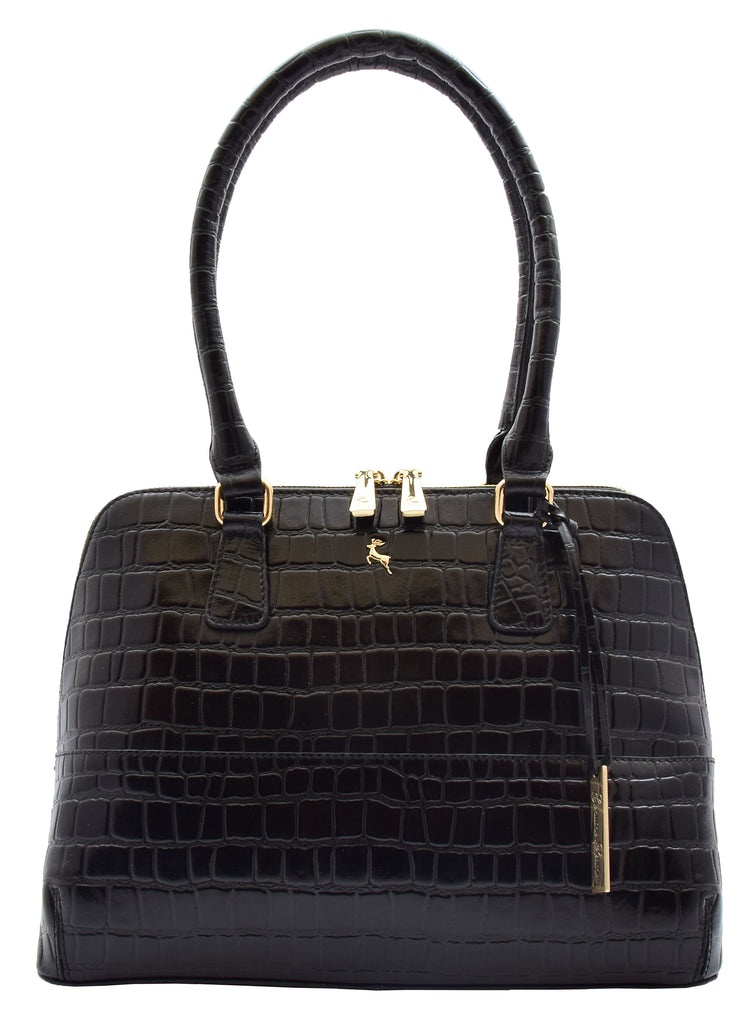 DR298 Women's Leather Handbag Doctor Shape Croc Print Hobo Bag Black 5