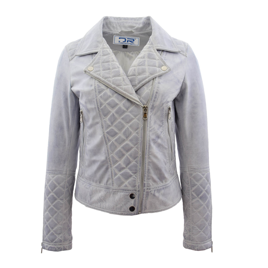 DR238 Women's Leather Biker Jacket with Quilt Detail White 1