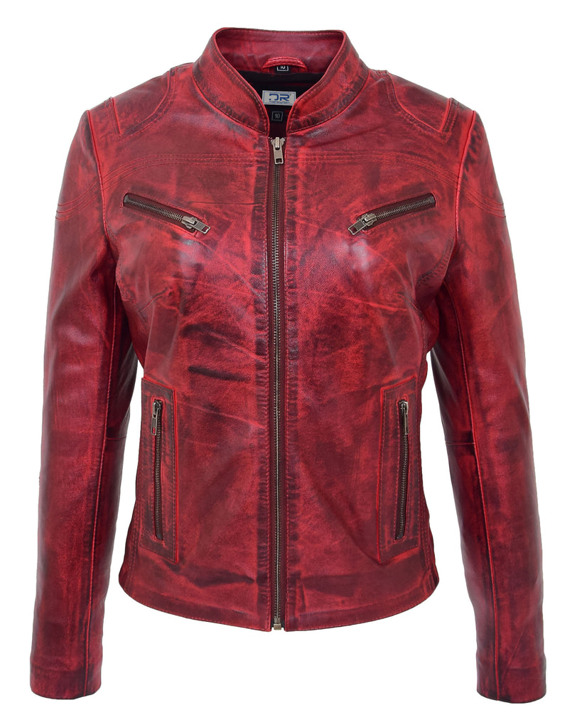 DR200 Ladies Classic Casual Biker Leather Jacket Barn Red 2
