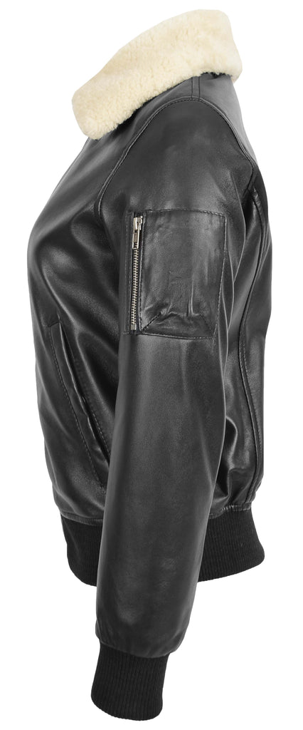 DR241 Women's Leather Bomber Jacket Removable Collar Black 7