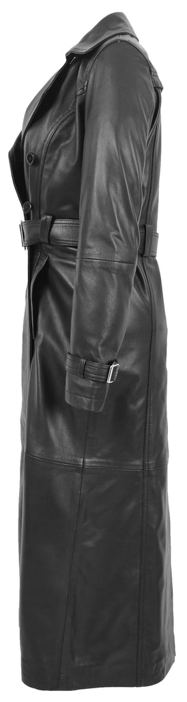 DR242 Women's Leather Full Length Trench Coat Black 5