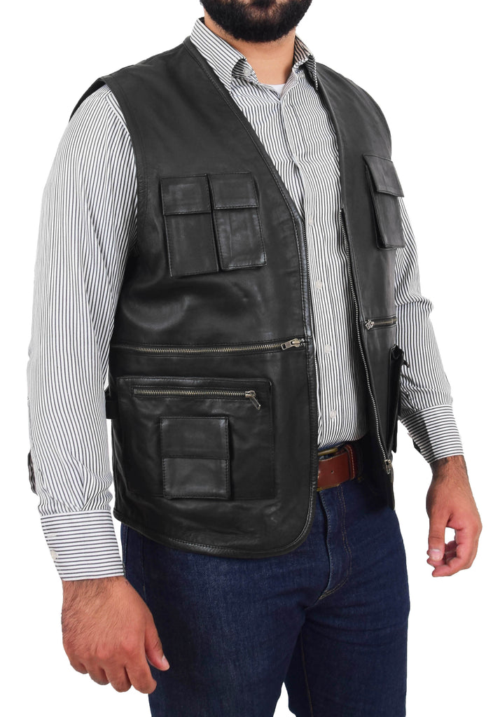 DR163 Men's Leather Military Style Leather Waistcoat Black 6