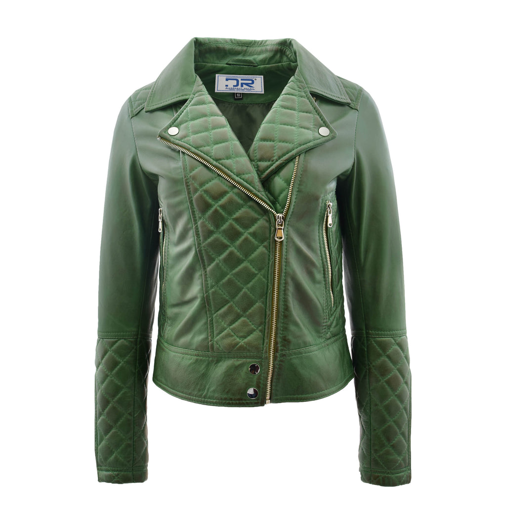 DR238 Women's Leather Biker Jacket with Quilt Detail Green 1