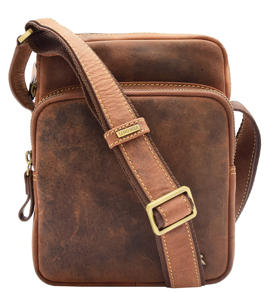 DR387 Men's Smart Crossbody Bag Genuine Leather Multi Pockets Tan 3