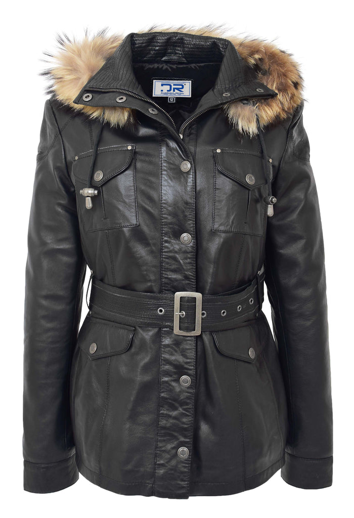 DR225 Women's Winter Warm Leather Hood Jacket Black 6