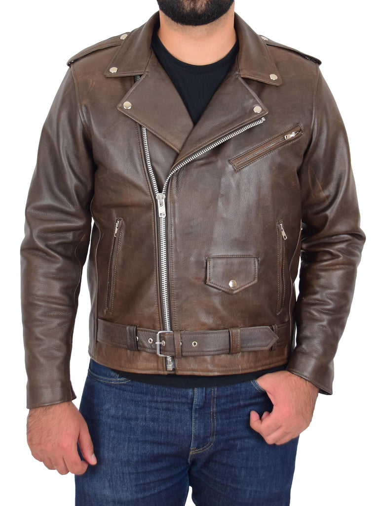 DR159 Men's New Mild Leather Biker Jacket Brown 2