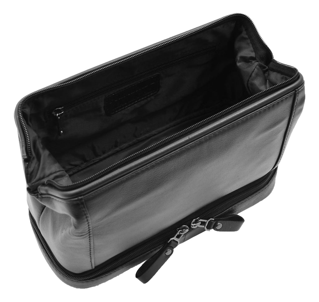 DR347 Real Leather Toiletry Wash Bag Travel Pouch Black 3