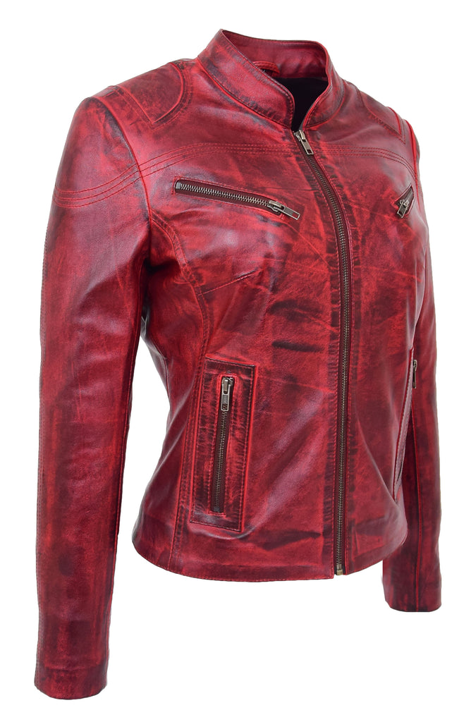 DR200 Ladies Classic Casual Biker Leather Jacket Barn Red 6