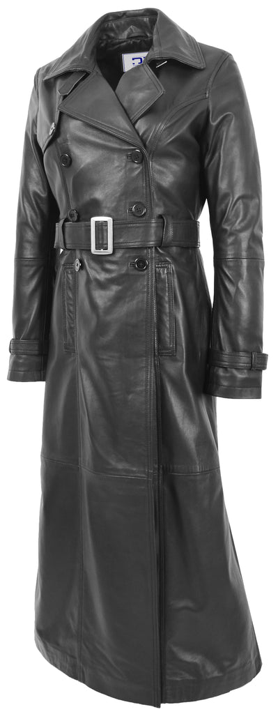 DR242 Women's Leather Full Length Trench Coat Black 6