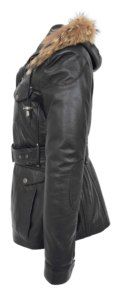 DR225 Women's Winter Warm Leather Hood Jacket Black 7