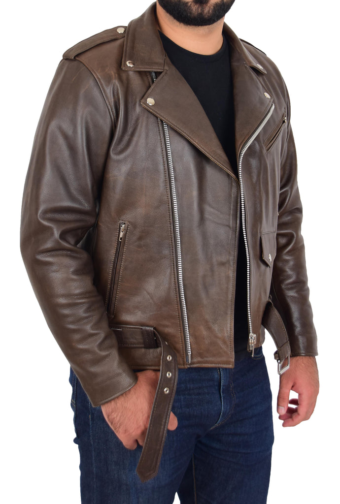 DR159 Men's New Mild Leather Biker Jacket Brown 6