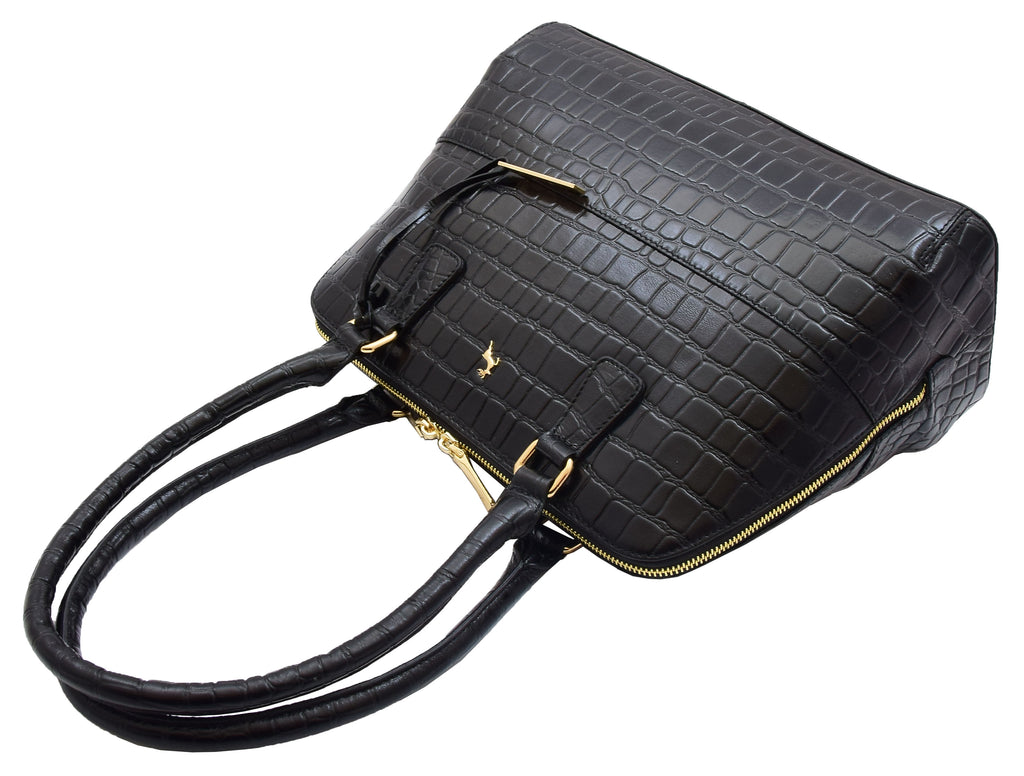 DR298 Women's Leather Handbag Doctor Shape Croc Print Hobo Bag Black 6