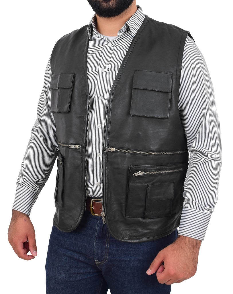 DR163 Men's Leather Military Style Leather Waistcoat Black 7