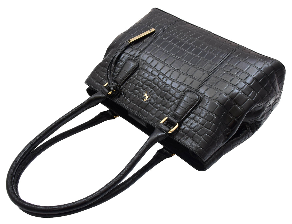 DR299 Women's Hobo Shoulder Leather Bag Beautiful Croc Pint Black 5