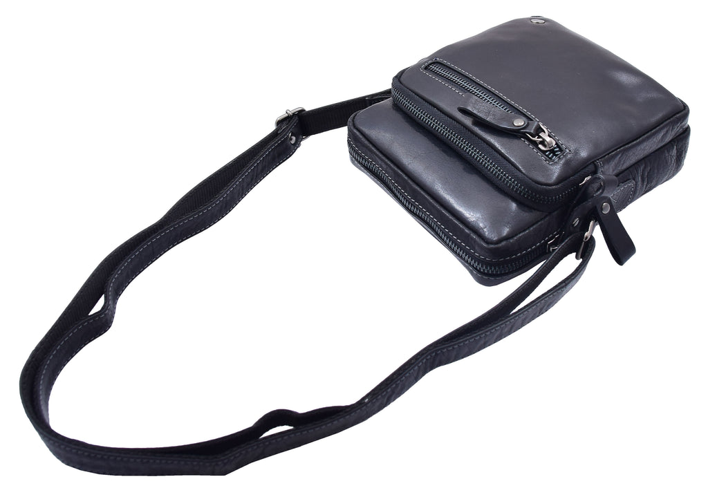 DR340 Men’s Black Leather Cross Body Flight Bag Multi Zip Pockets 5