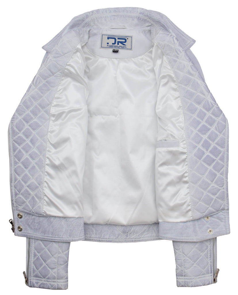 DR238 Women's Leather Biker Jacket with Quilt Detail White 7