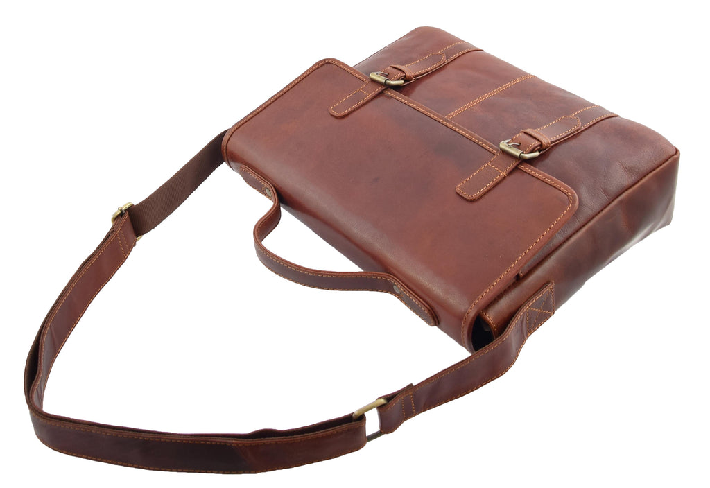 DR361 Men's Leather Cross Body Flap Over Briefcase Brown 7