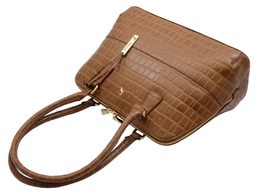 DR298 Women's Leather Handbag Doctor Shape Croc Print Hobo Bag Tan 6