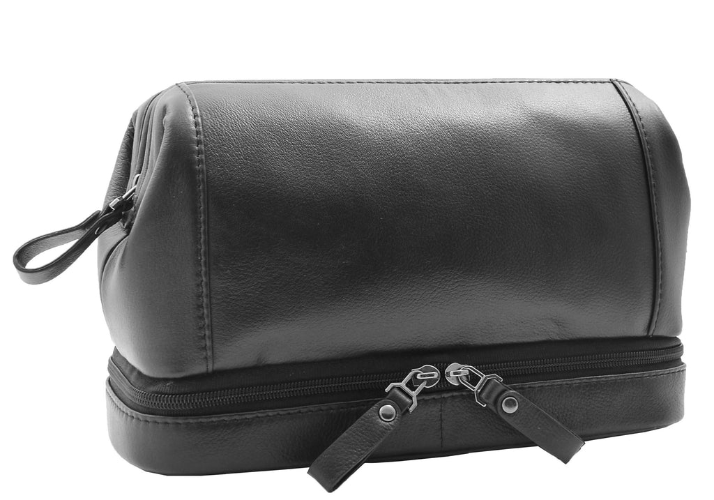 DR347 Real Leather Toiletry Wash Bag Travel Pouch Black 5