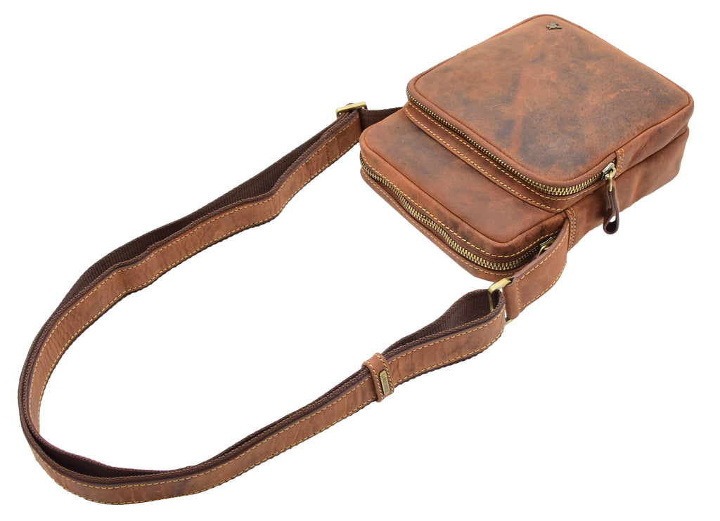 DR387 Men's Smart Crossbody Bag Genuine Leather Multi Pockets Tan 7