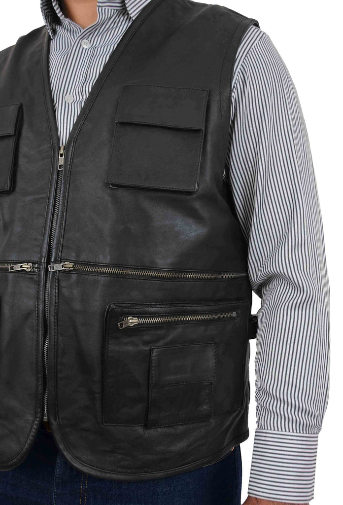 DR163 Men's Leather Military Style Leather Waistcoat Black 2