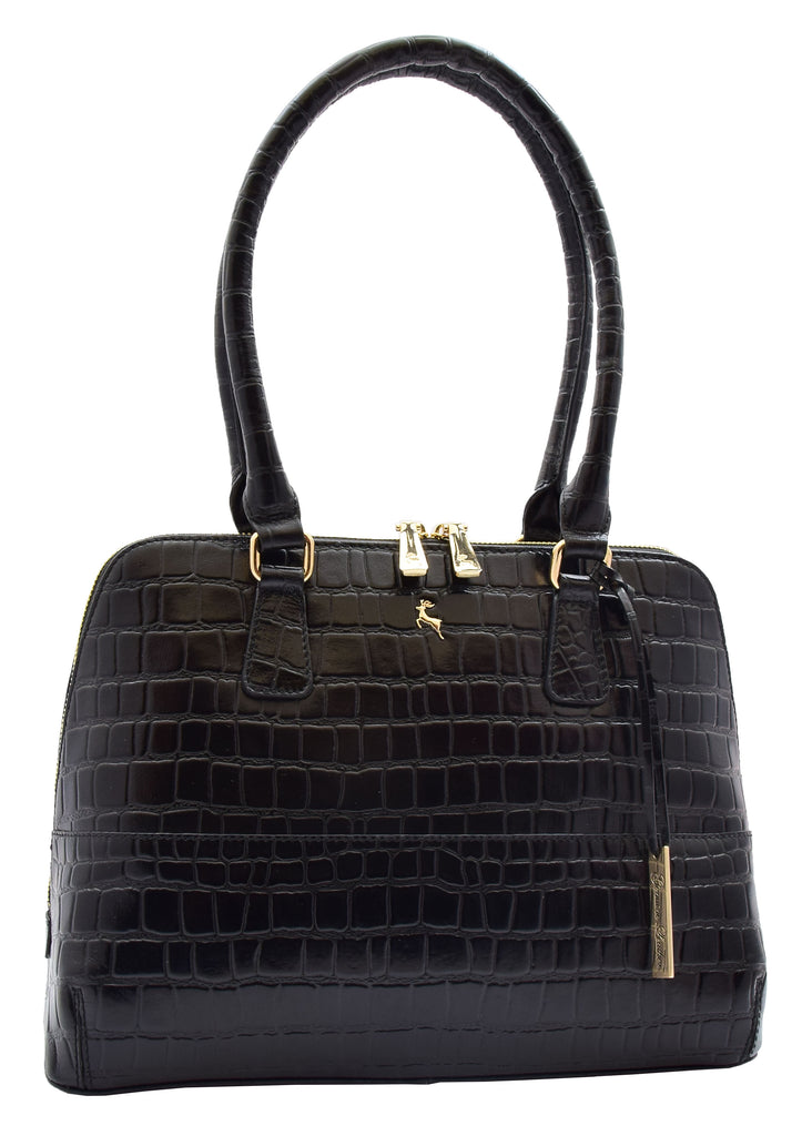 DR298 Women's Leather Handbag Doctor Shape Croc Print Hobo Bag Black 7