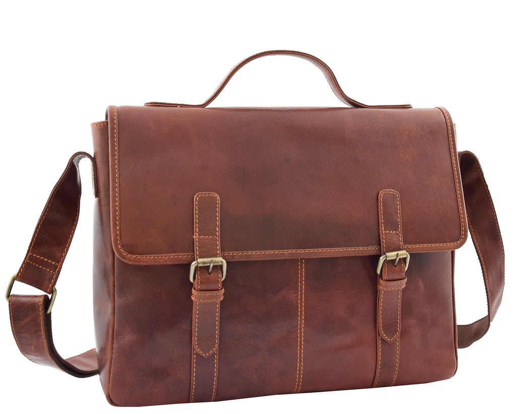 DR361 Men's Leather Cross Body Flap Over Briefcase Brown 4