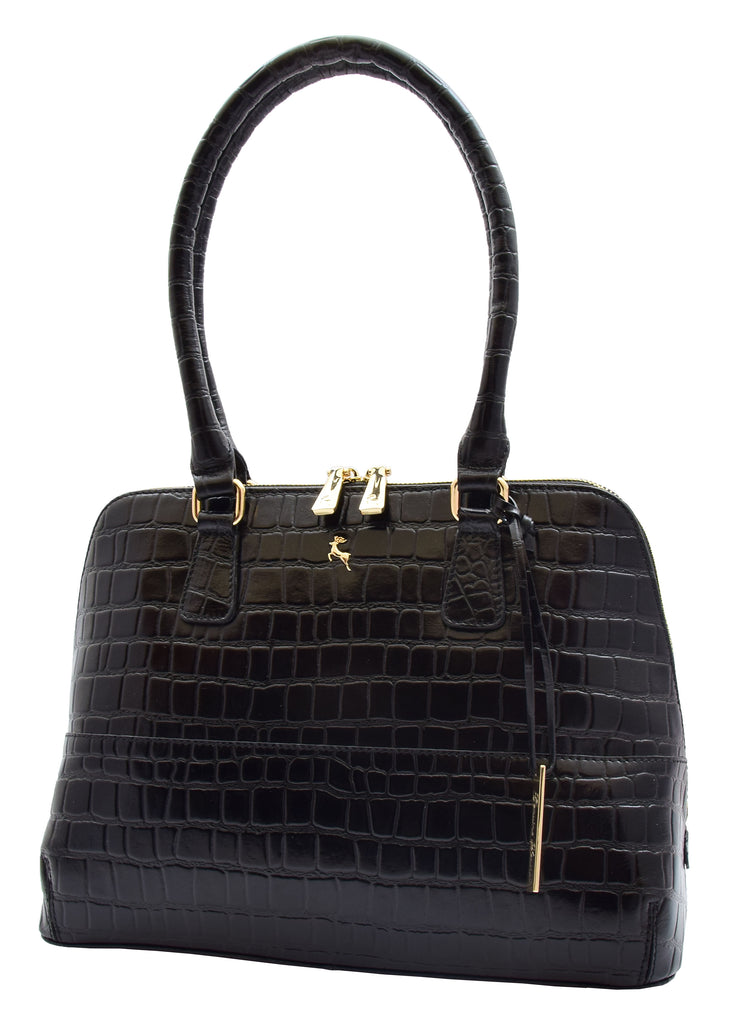 DR298 Women's Leather Handbag Doctor Shape Croc Print Hobo Bag Black 2
