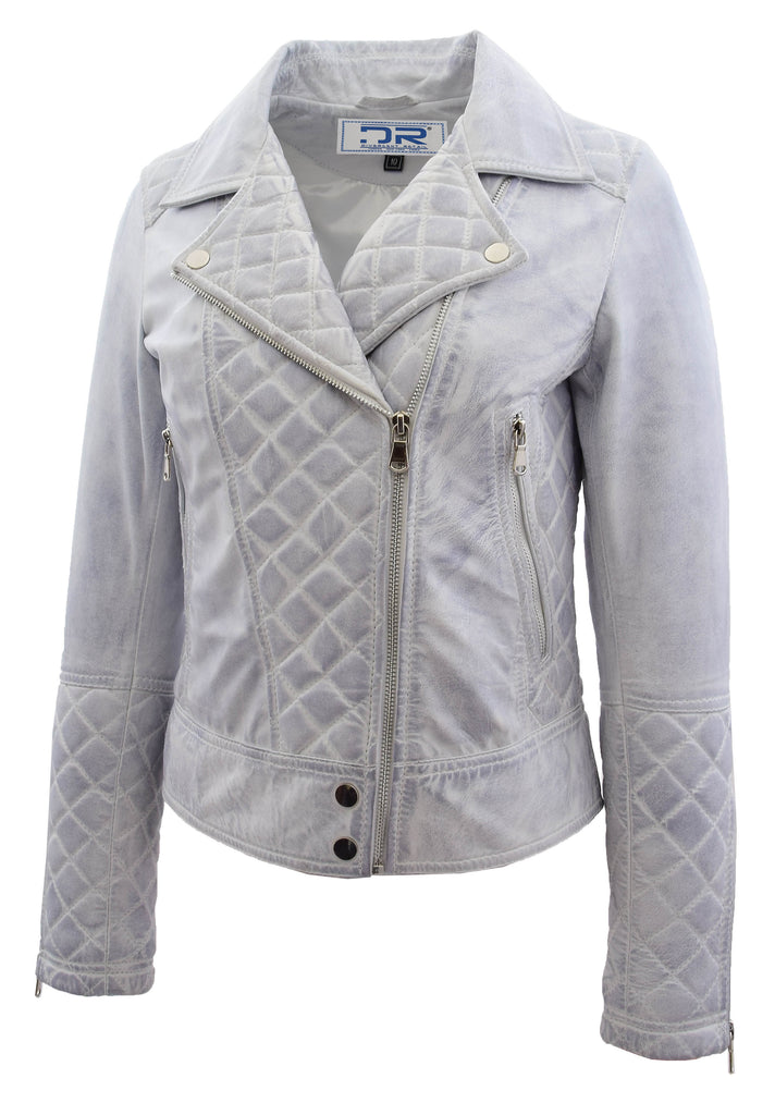 DR238 Women's Leather Biker Jacket with Quilt Detail White 2