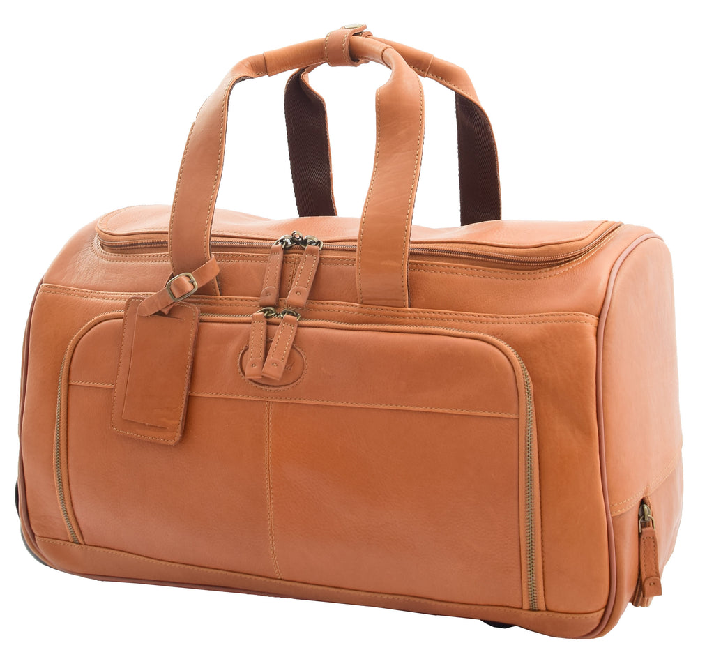 DR294 Real Leather Wheeled Holdall Duffle Bag Tan 6