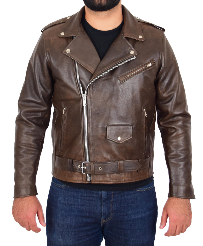 DR159 Men's New Mild Leather Biker Jacket Brown 7