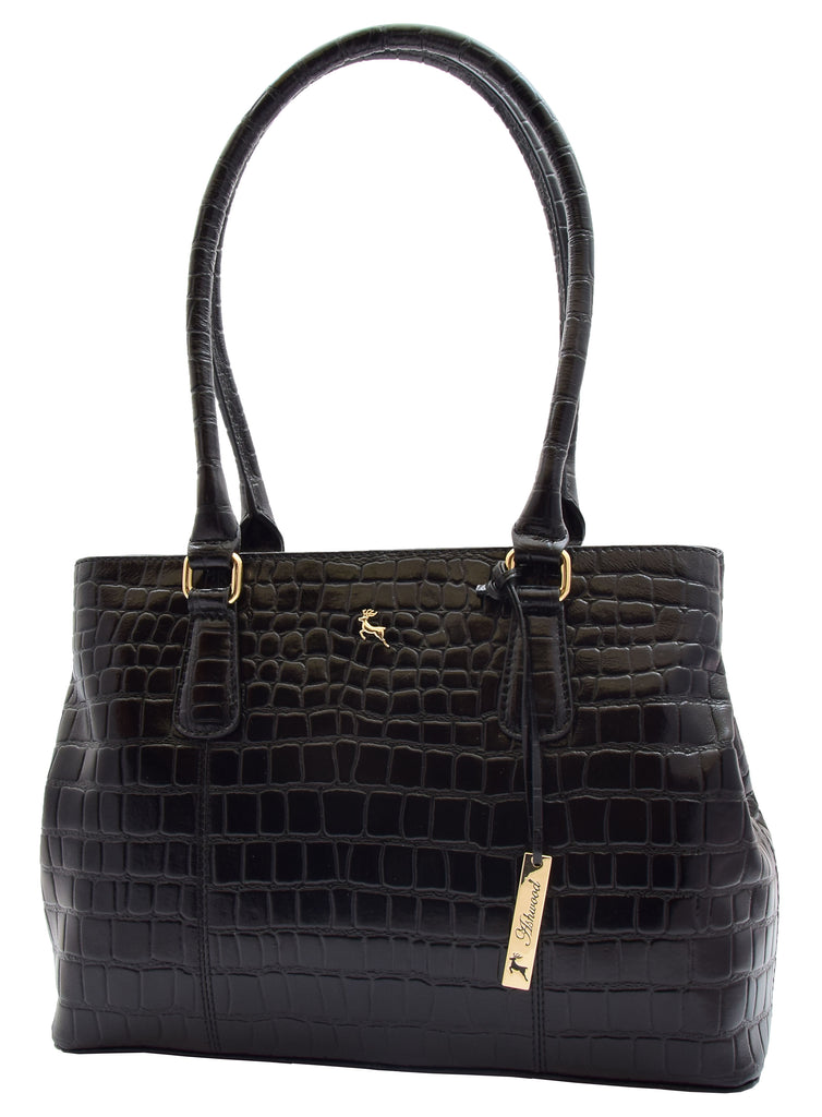 DR299 Women's Hobo Shoulder Leather Bag Beautiful Croc Pint Black 7