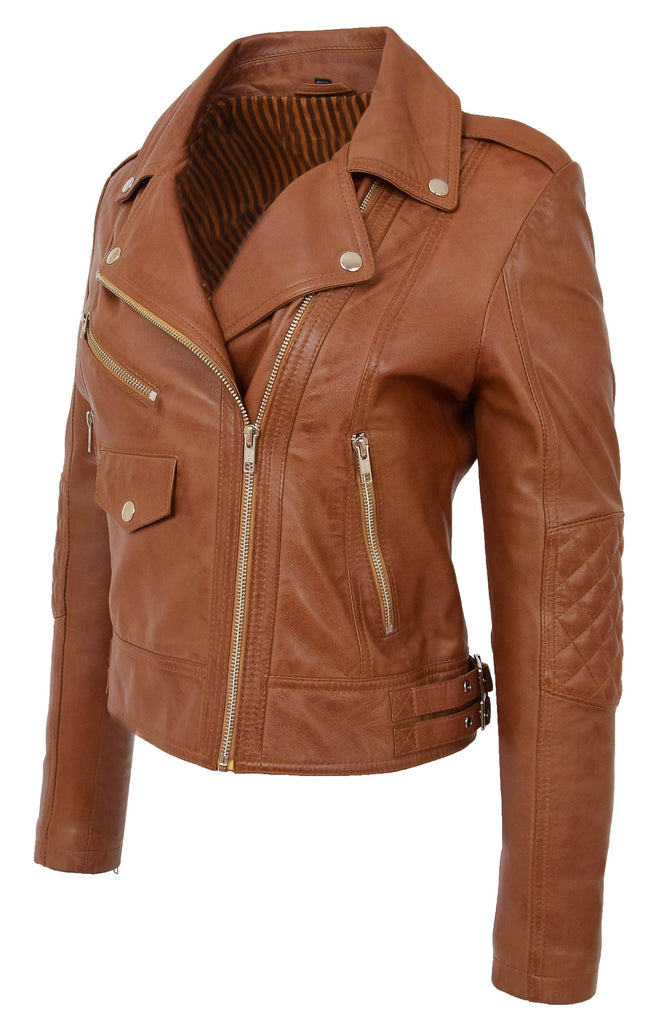 DR207 Women's Real Leather Biker Cross Zip Jacket Tan 2