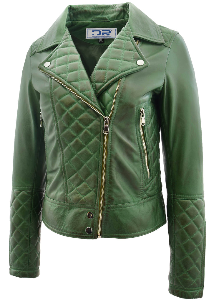 DR238 Women's Leather Biker Jacket with Quilt Detail Green 2