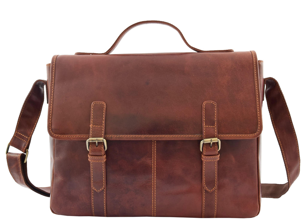 DR361 Men's Leather Cross Body Flap Over Briefcase Brown 6