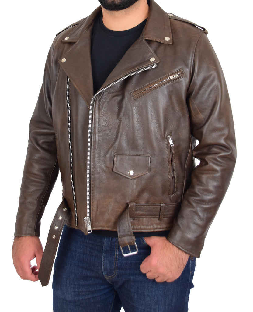 DR159 Men's New Mild Leather Biker Jacket Brown 8