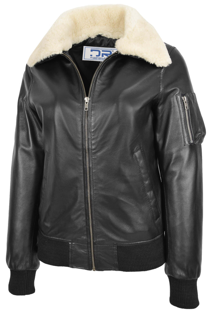 DR241 Women's Leather Bomber Jacket Removable Collar Black 2
