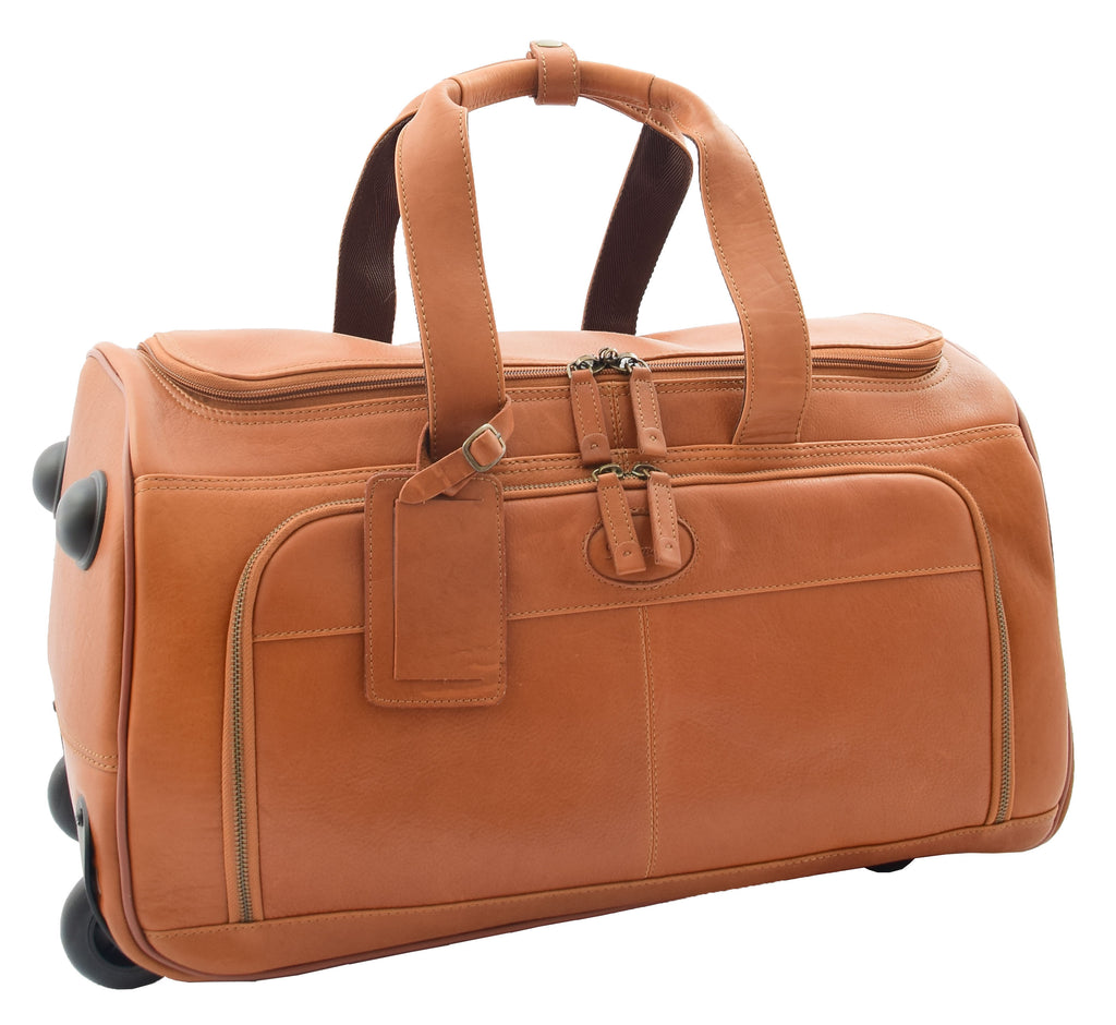 DR294 Real Leather Wheeled Holdall Duffle Bag Tan 2