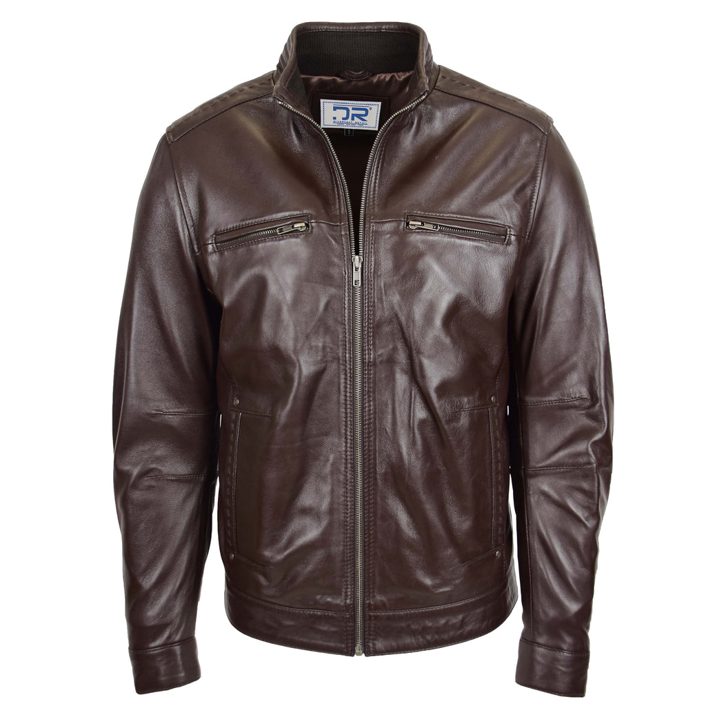 DR131 Mens Black Classic Biker Leather Jacket Brown 1