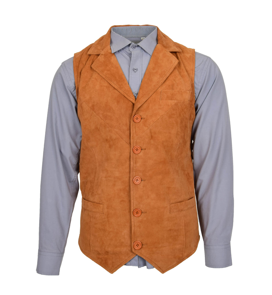 DR125 Men's Blazer Style Suede Leather Waistcoat Tan 1