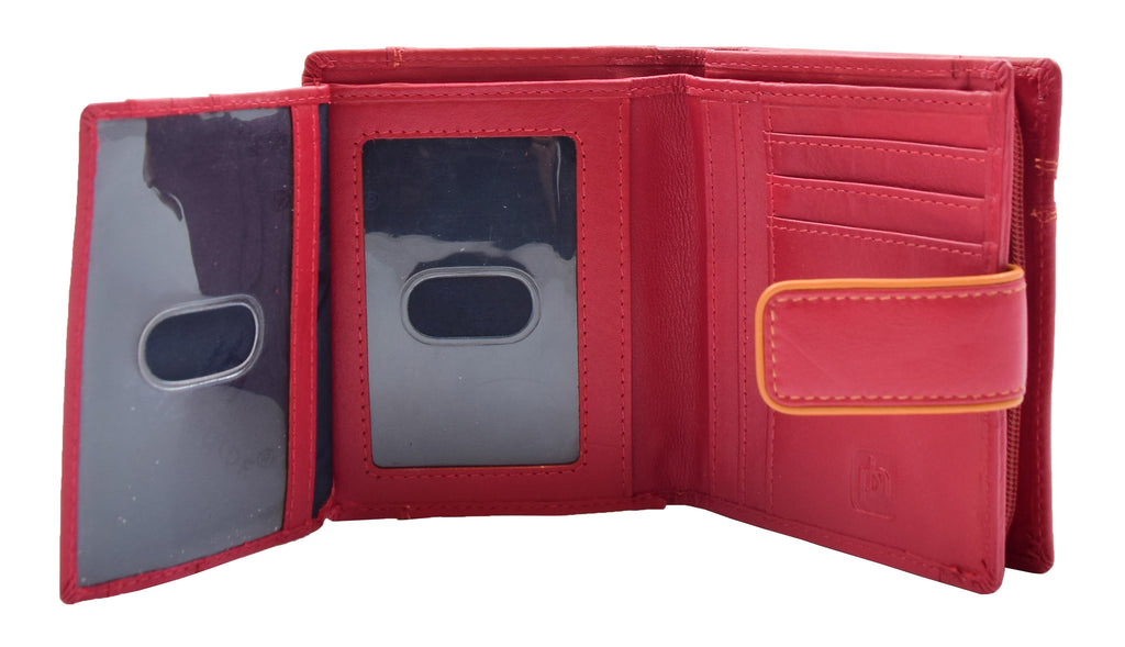 DR448 Women's Bifold Leather Purse Booklet Style Wallet Red 6