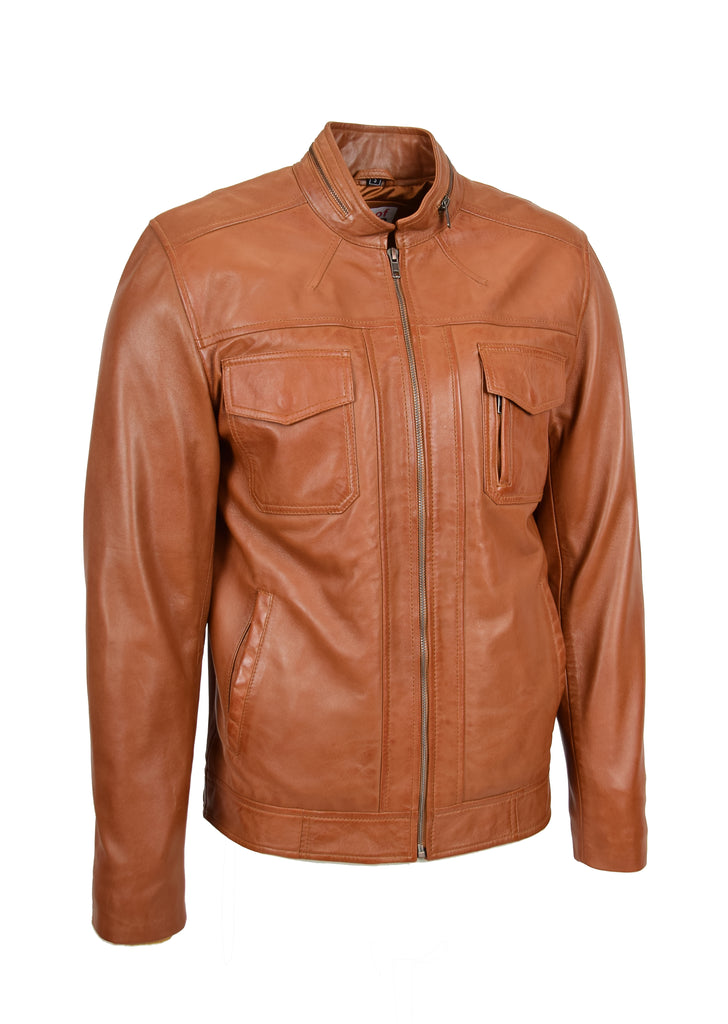 DR149 Men's Vintage Style Leather Biker Jacket Tan 2