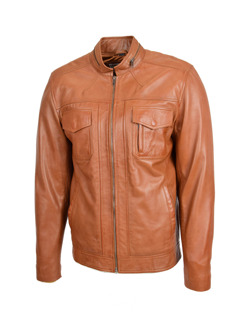 DR149 Men's Vintage Style Leather Biker Jacket Tan 3